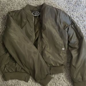 Zip-up olive green satin bomber jacket